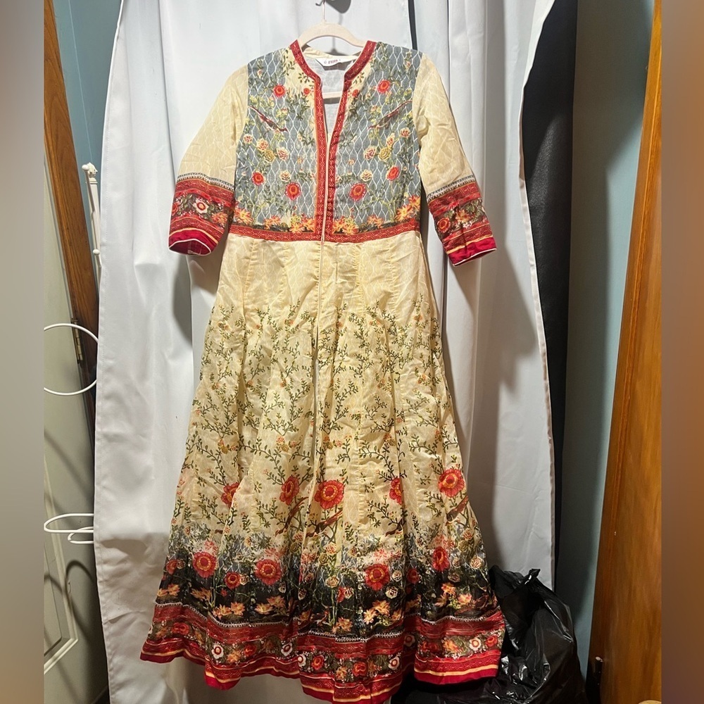 Biba Designer Anarkali Maxi Dress Boho Floral Print Cream Red Gold Sz M/34 - Picture 4 of 7